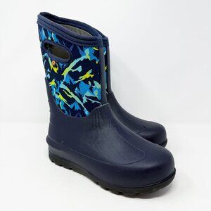 Bogs Navy Blue Waterproof Rain Boots Boys Size 5 EUC Pull On Pattern Accent